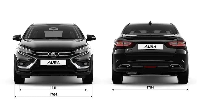 LADA Aura — габариты спереди и сзади: ширина 1764 мм, колея 1511/1515 мм